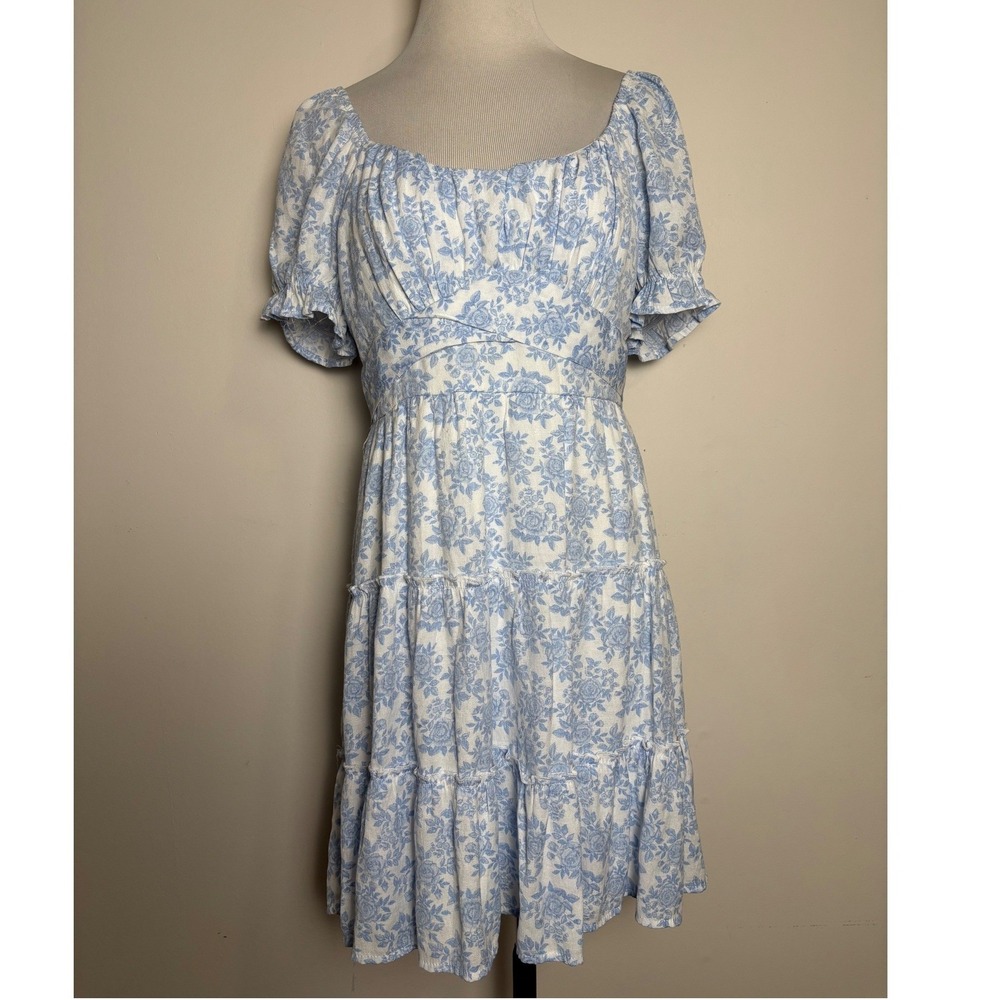 Trixxi Babydoll Milkmaid Coquette Dress XL Tiered‎ Cottage Floral Blue White
